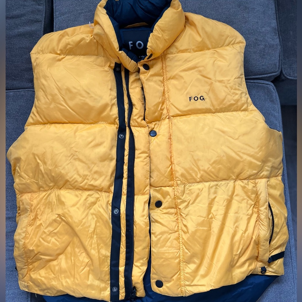 Size large FOG vest yellow with dark blue interior.